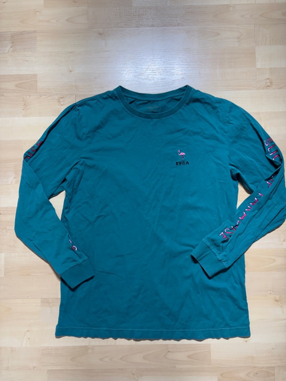 RVCA Teal Long-Sleeve Crew with Pink Logo and Sleeve Text